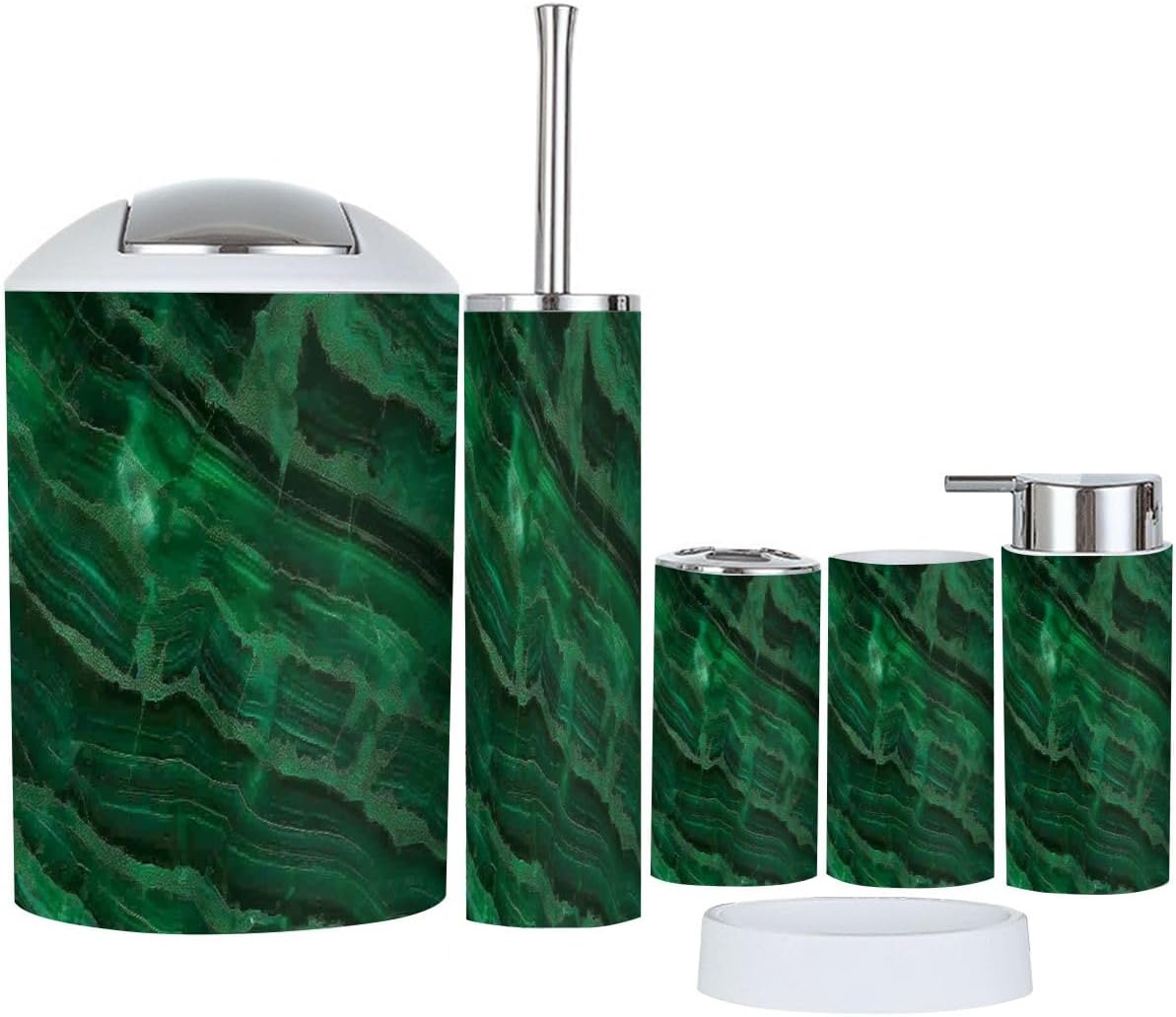 6 Piece Bathroom Accessory Set with Green Marble Texture
