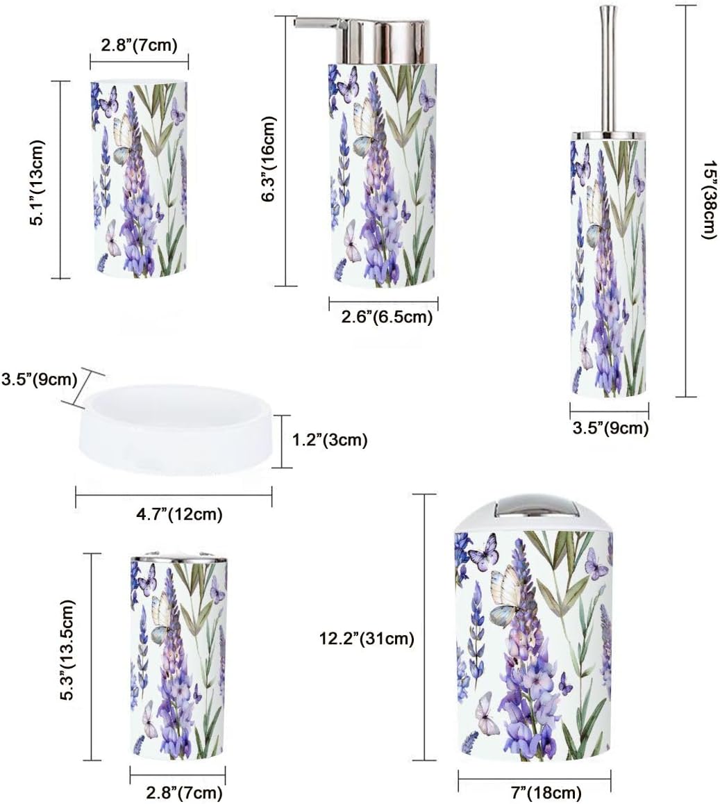 6 Piece Bathroom Accessory Set with Butterfly Lavender Design
