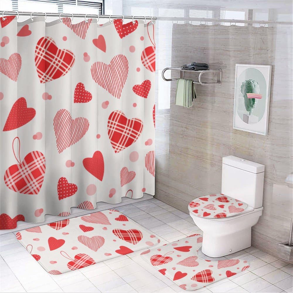 Kuizee Valentines Day Shower Curtain Set with 4 Rugs