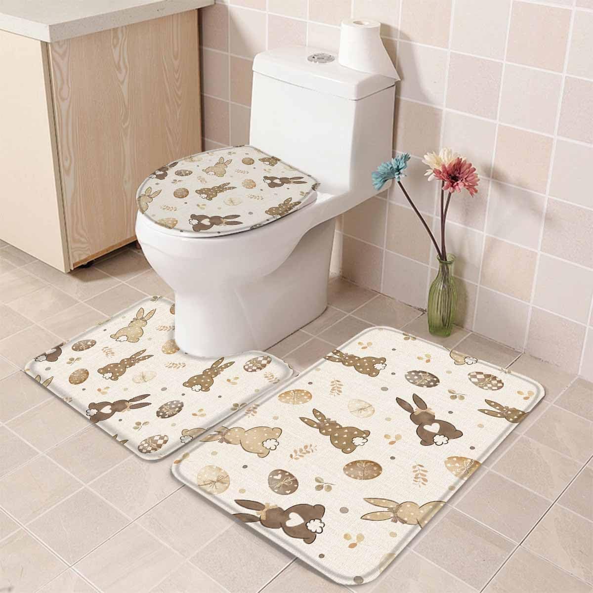 Wotrend Easter Bath Rugs Set Love Heart Brown Bunny Egg Linen Texture