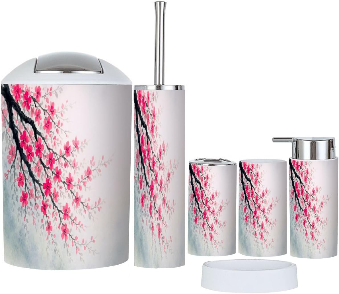 Boho Spring Cherry Blossom Bathroom Accessory Set 6 Piece