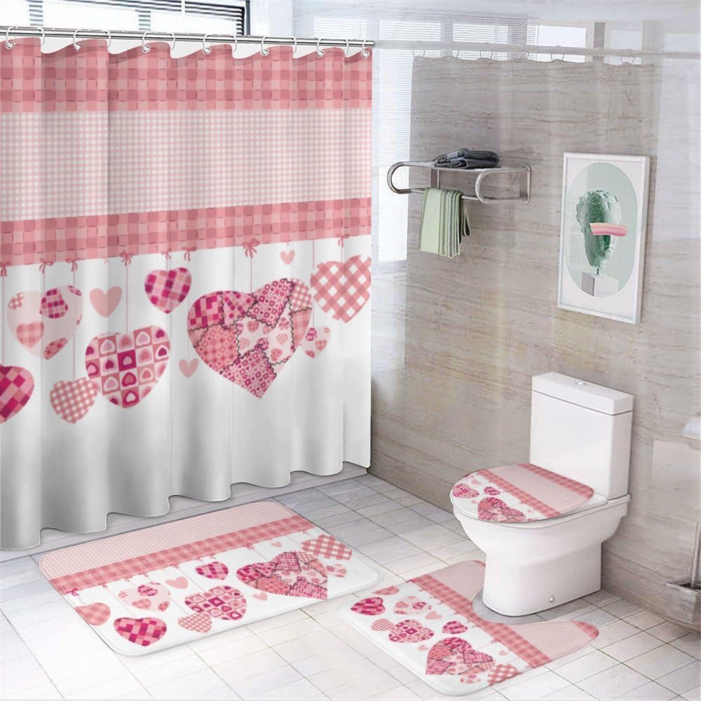 Kuizee Valentines Day 4-Piece Shower Curtain Set