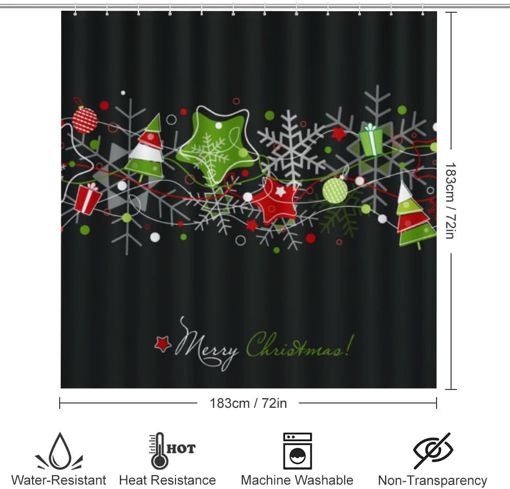 Kuizee 4-Piece Shower Curtain Set with Rugs Christmas Stars Snowflakes