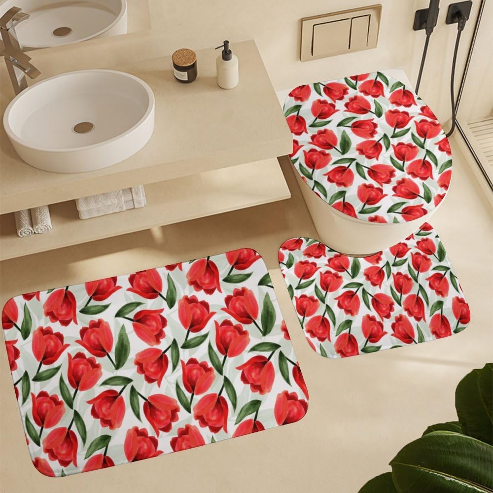 Kuizee 4-Piece Shower Curtain Set with Rugs Red Tulips Botanical Garden