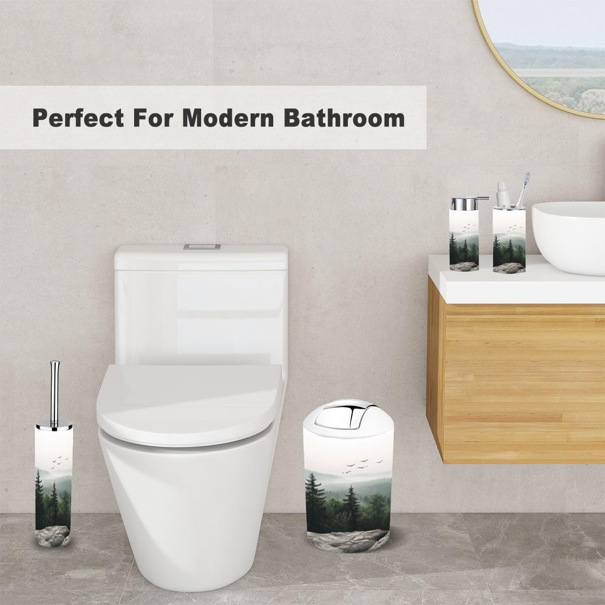 6 Piece Mountain Foggy Forest Bathroom Accessory Set