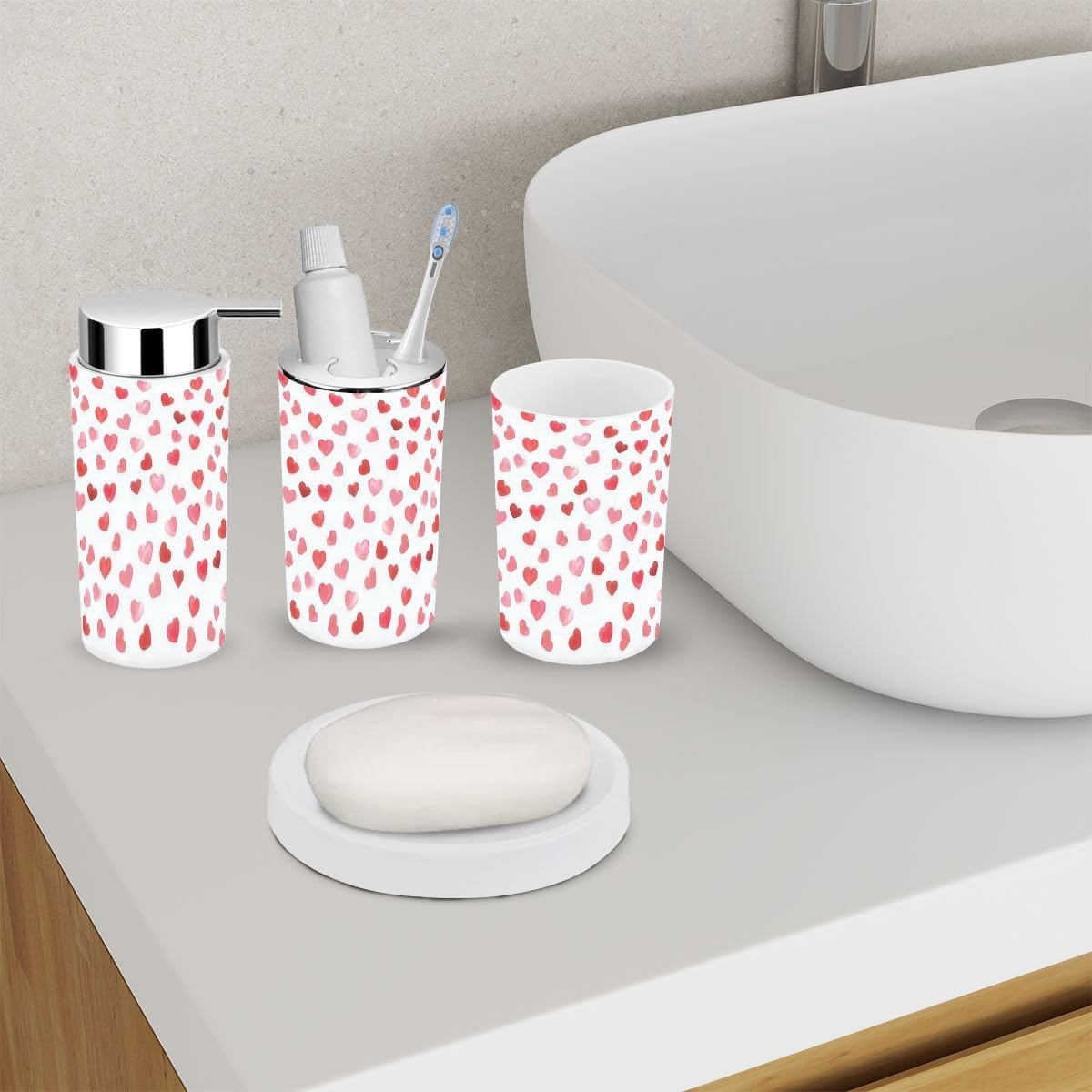 6 Piece Bathroom Accessory Set with Hearts Design