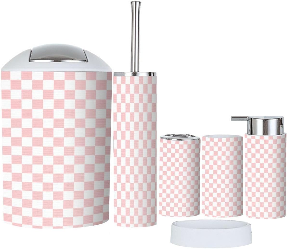 Boho Pink Checkerboard Bathroom Accessory Set 6 Piece