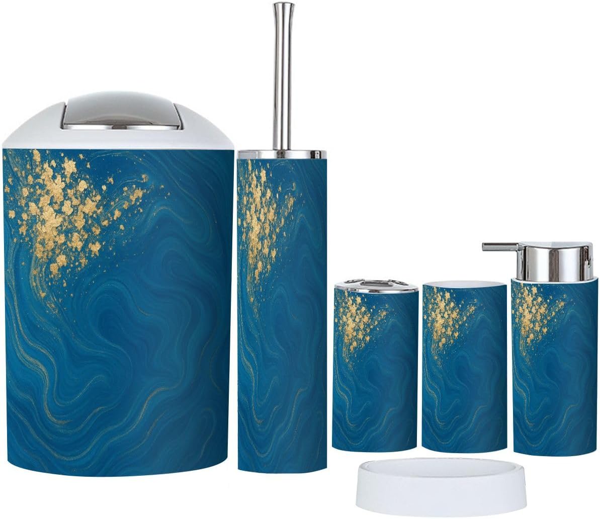 Boho Blue Gold Marble Bathroom Accessory Set 6 Piece