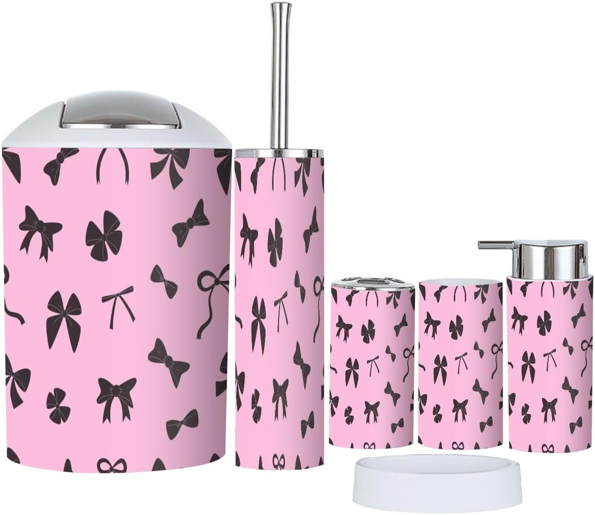 6 Piece Bathroom Accessory Set with Black and Pink Design