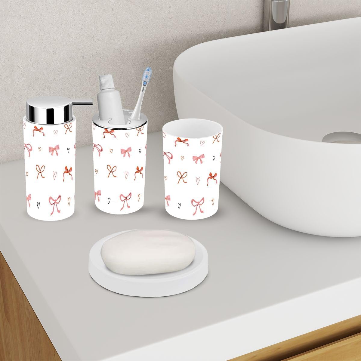 6 Piece Bathroom Accessory Set Pink Red Seamless Pattern 1