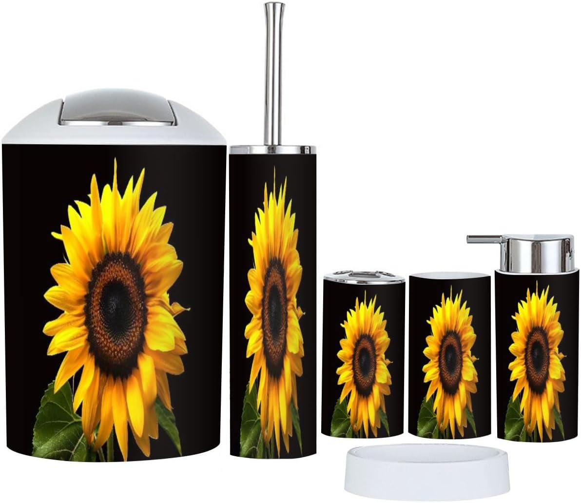 Stylish 6-Piece Bathroom Accessory Set with Black Sunflower Design