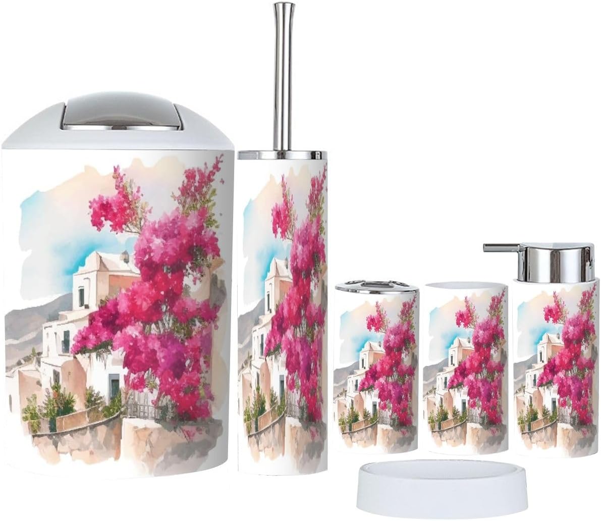 6 Piece Bathroom Accessory Set with Santorini Landscape Design