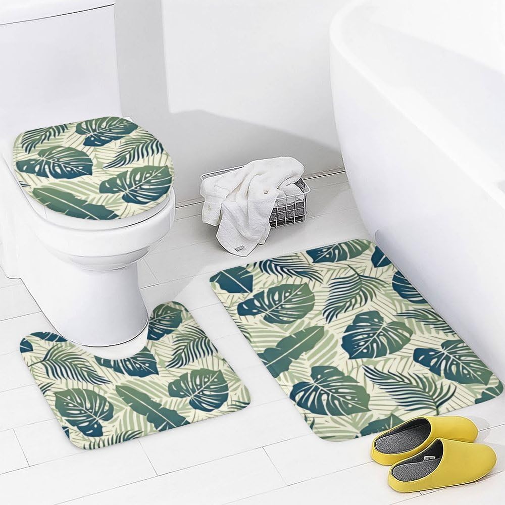 Kuizee 4-Piece Tropical Green Leaf Shower Curtain Set with Non-Slip Rugs