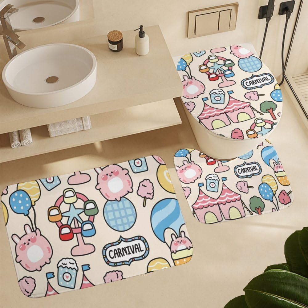 Kuizee Cute Fat Rabbit Shower Curtain Set with 4 Rugs