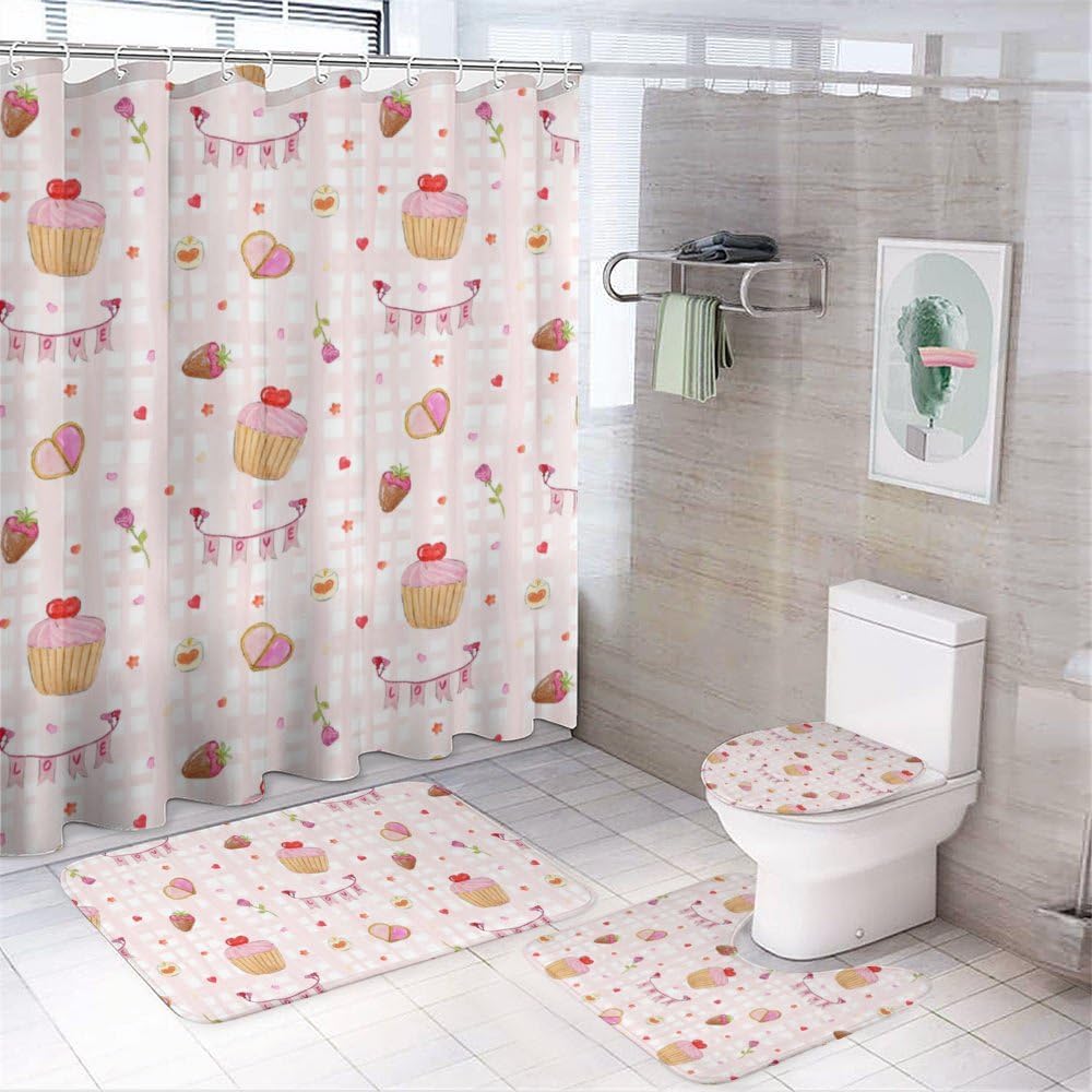 Kuizee 4 Piece Shower Curtain Set with Rugs Soft Pink Bathroom Accessories
