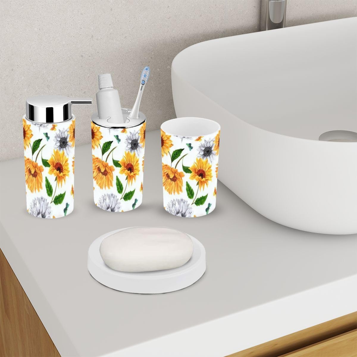 6 Piece Bathroom Accessory Set with Sunflowers and Butterflies Design