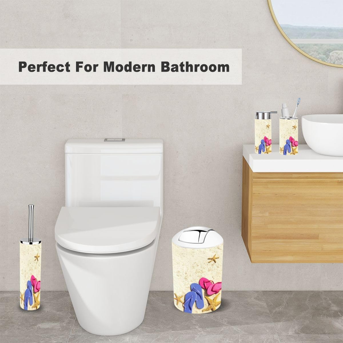 6 Piece Bathroom Accessory Set with Beach Flip Flops and Starfish Design