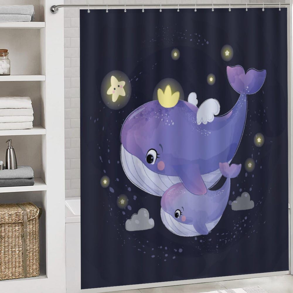 Kuizee 4-Piece Whale Motherhood Shower Curtain Set with Non-Slip Rugs