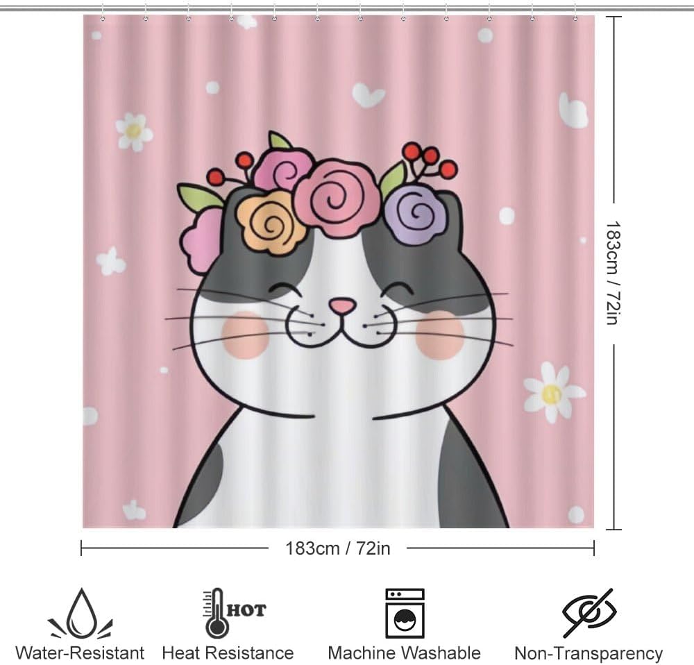 Kuizee 4-Piece Happy Cat Flower Shower Curtain Set with Rugs and Hooks