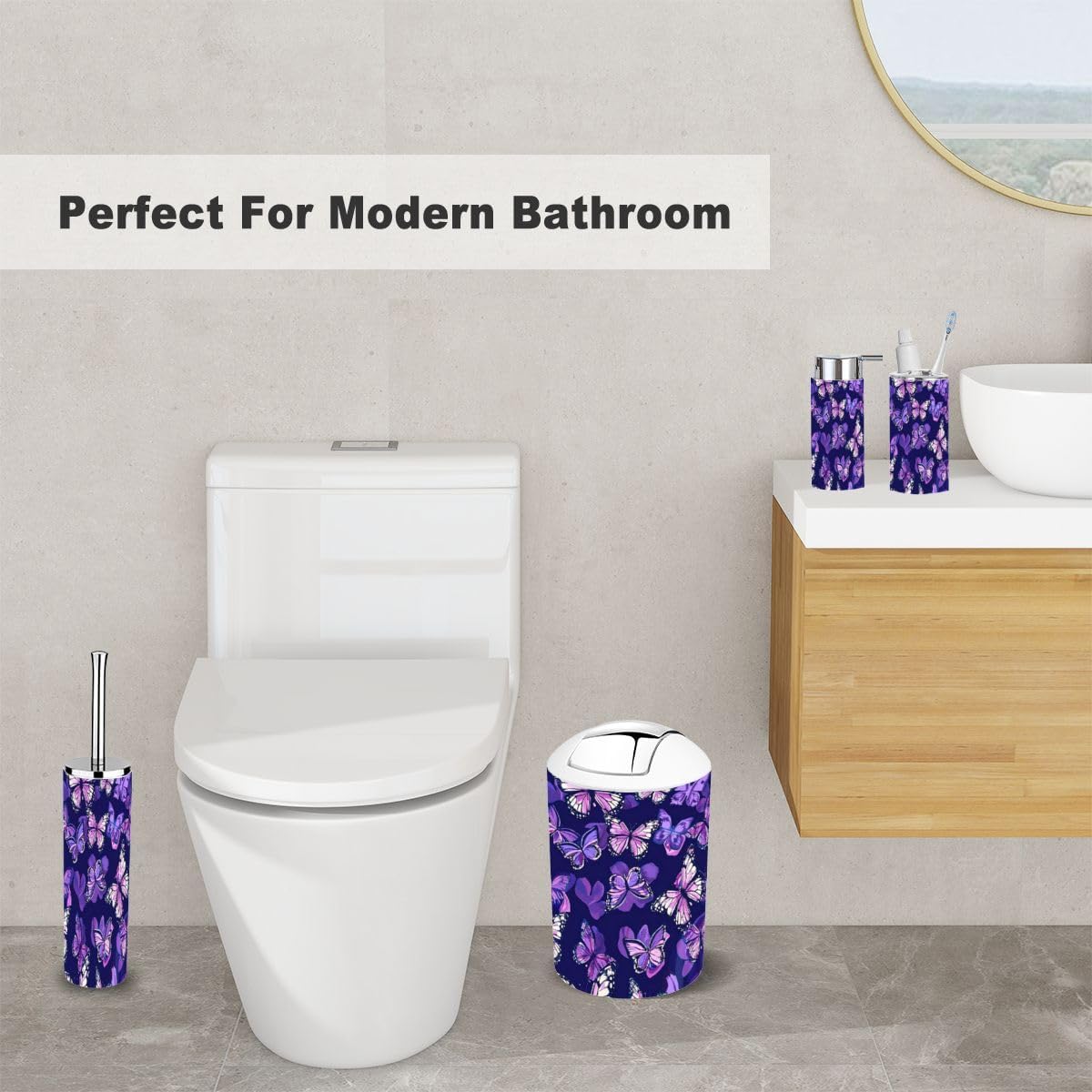 6 Piece Purple Butterfly Bathroom Accessory Set 1
