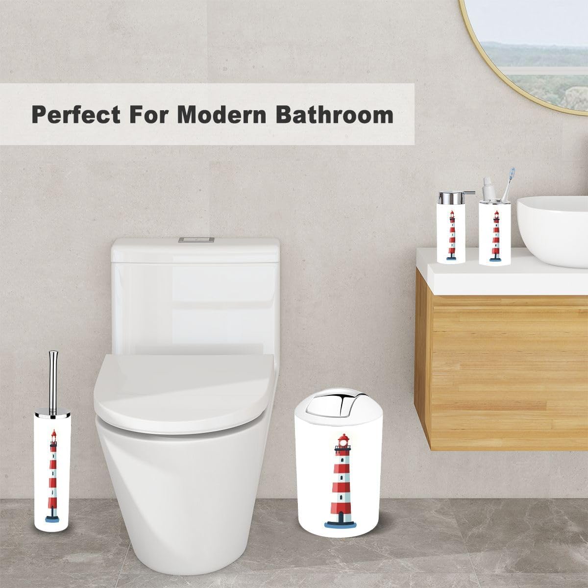 6 Piece Bathroom Accessory Set Red White Lighthouse