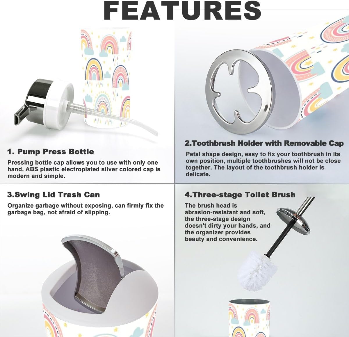 Bathroom Accessory Set 6 Piece Boho Rainbows Decor