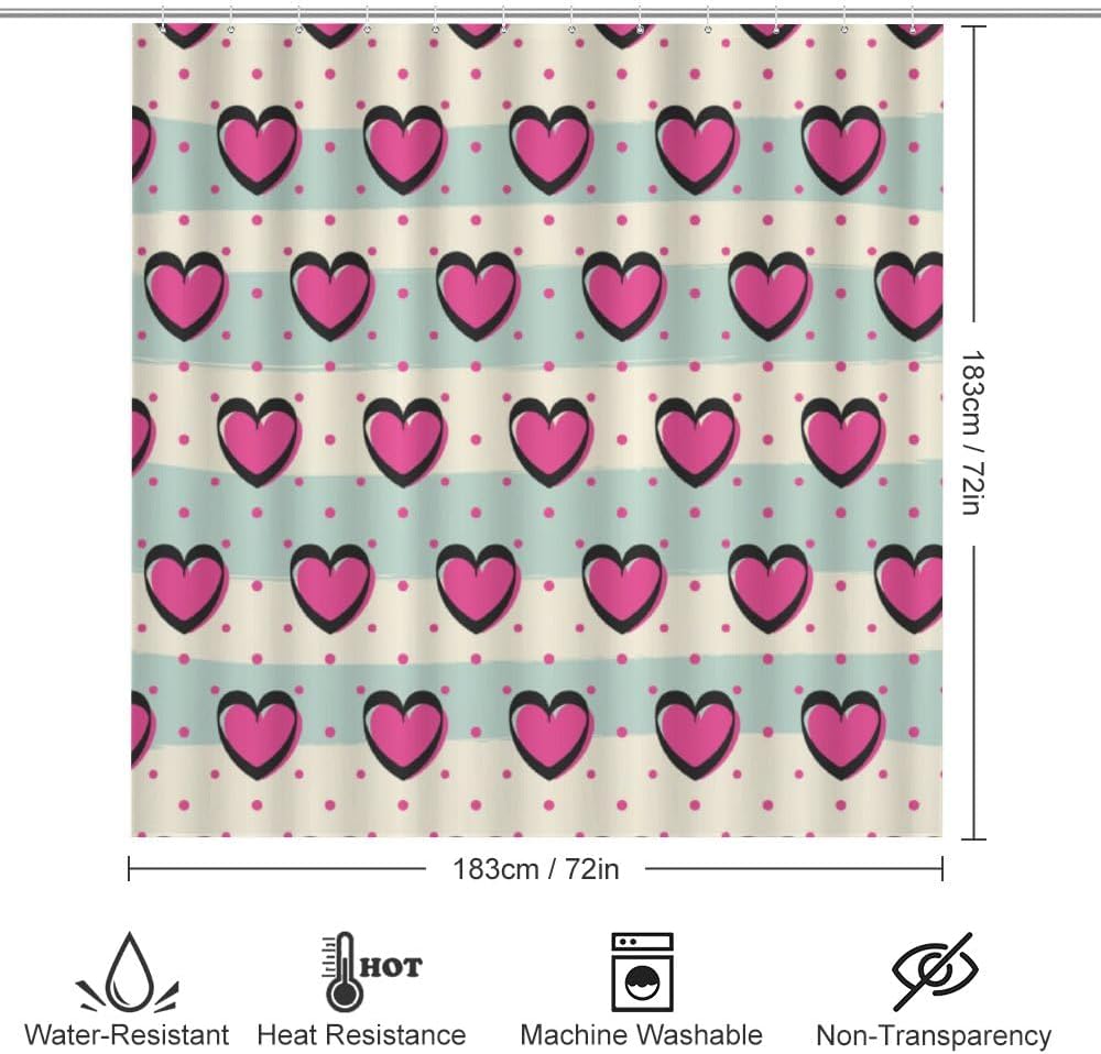 Kuizee Romantic Hearts Shower Curtain Set with 4 Pieces Rugs