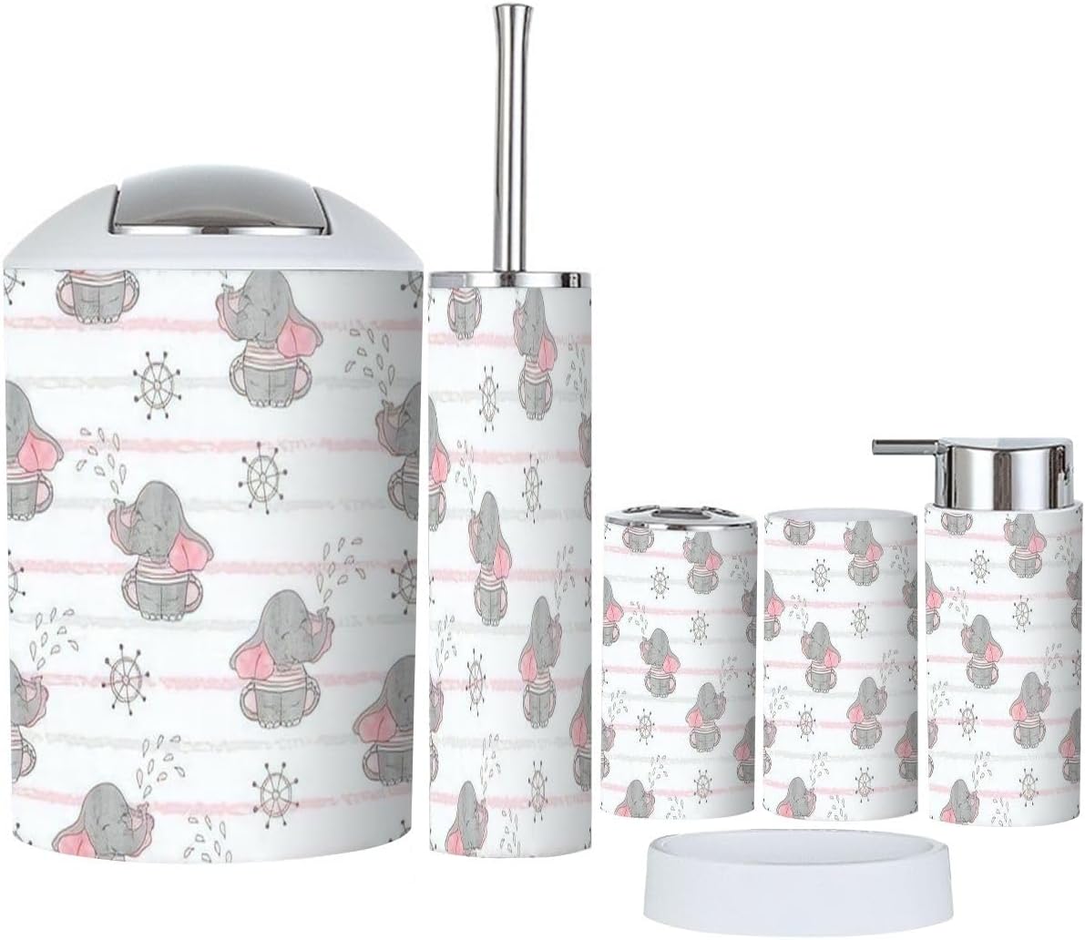 6 Piece Bathroom Accessory Set with Cute Sailor Elephants Design