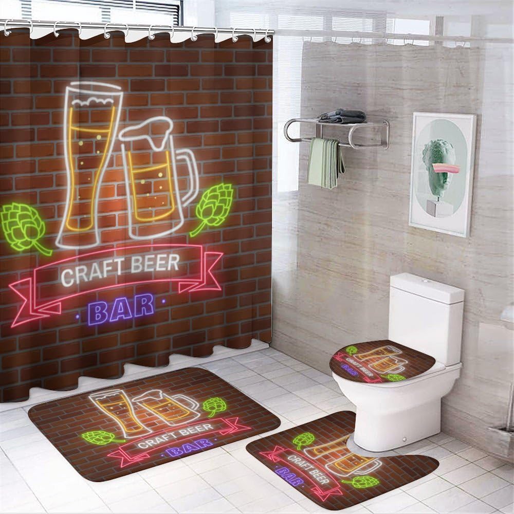 Kuizee Retro Neon Shower Curtain Set with 4 Piece Rugs
