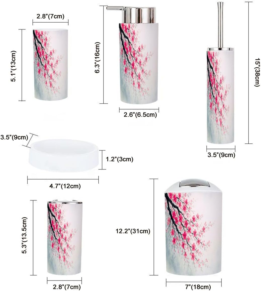 Boho Spring Cherry Blossom Bathroom Accessory Set 6 Piece