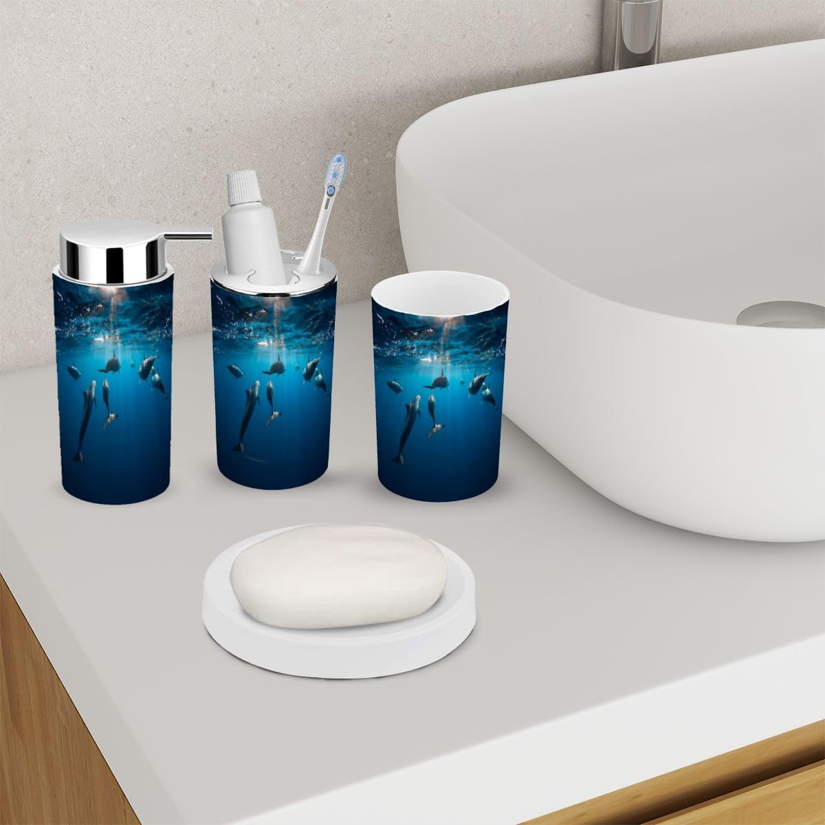 Underwater Blue Ocean Spinner Dolphins Bathroom Set 6 Piece