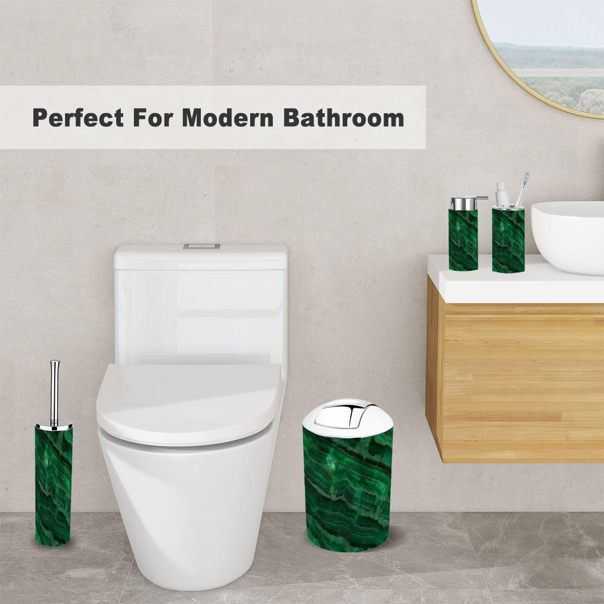 6 Piece Bathroom Accessory Set with Green Marble Texture