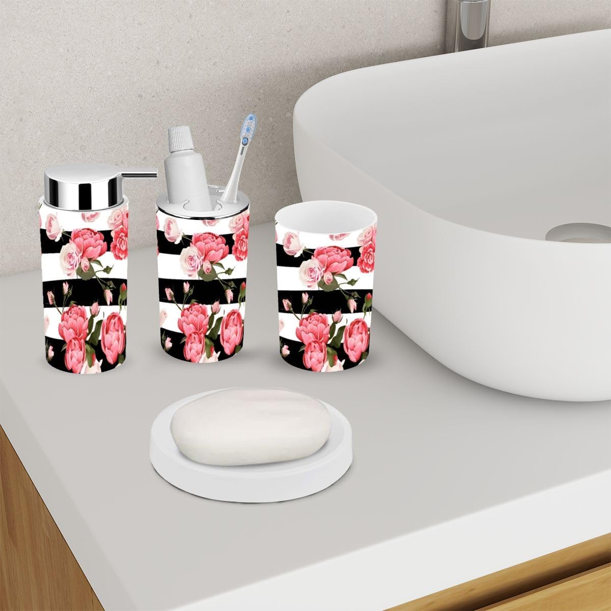 6 Piece Bathroom Accessory Set with Peony and Roses Design