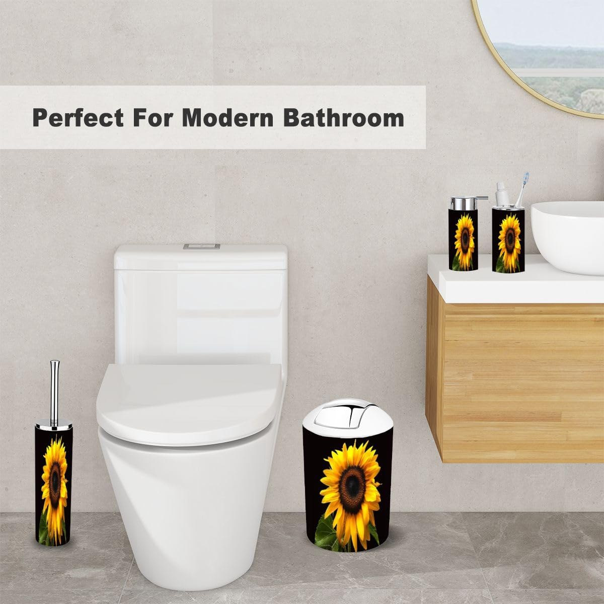 Stylish 6-Piece Bathroom Accessory Set with Black Sunflower Design
