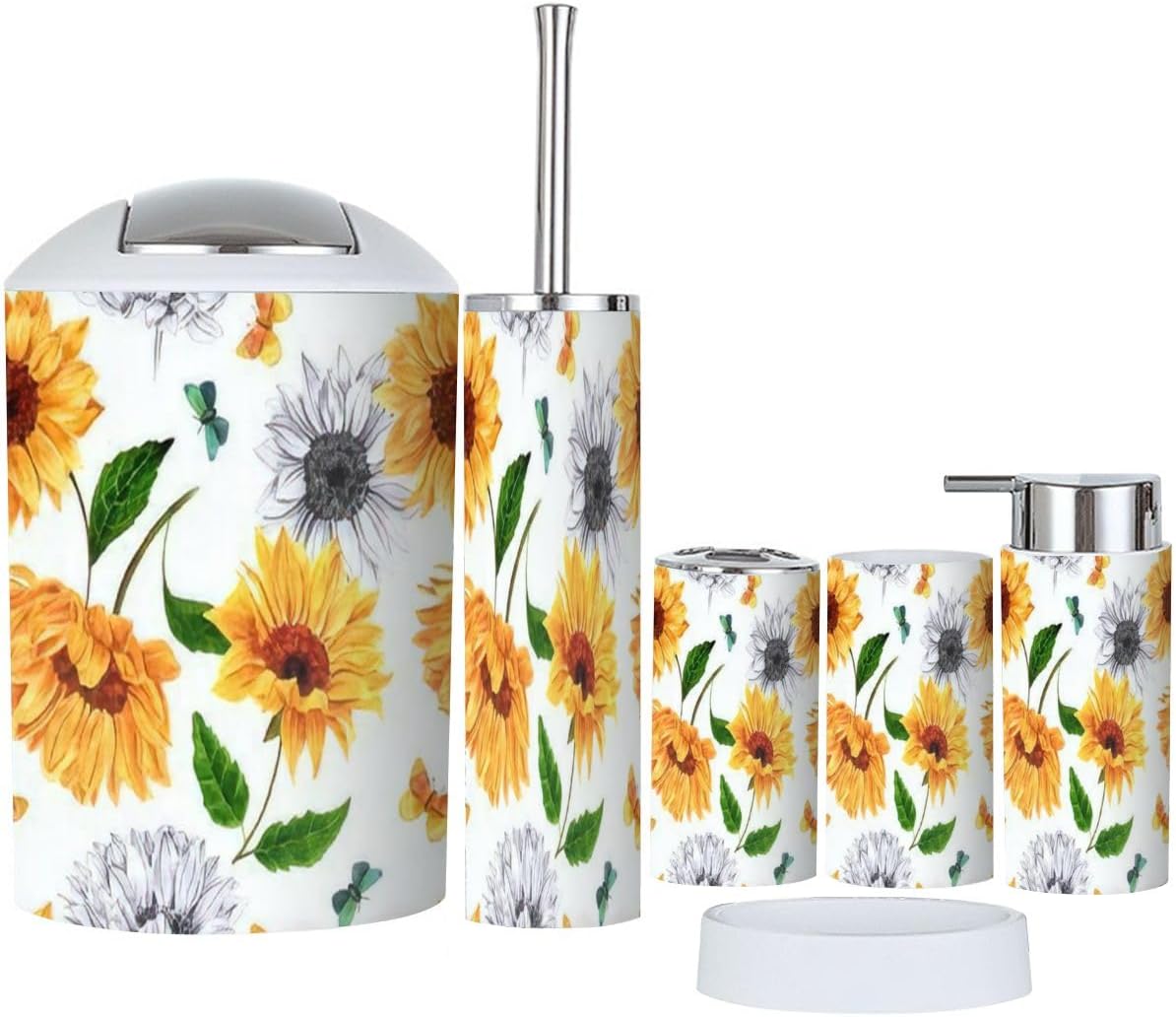 6 Piece Bathroom Accessory Set with Sunflowers and Butterflies Design