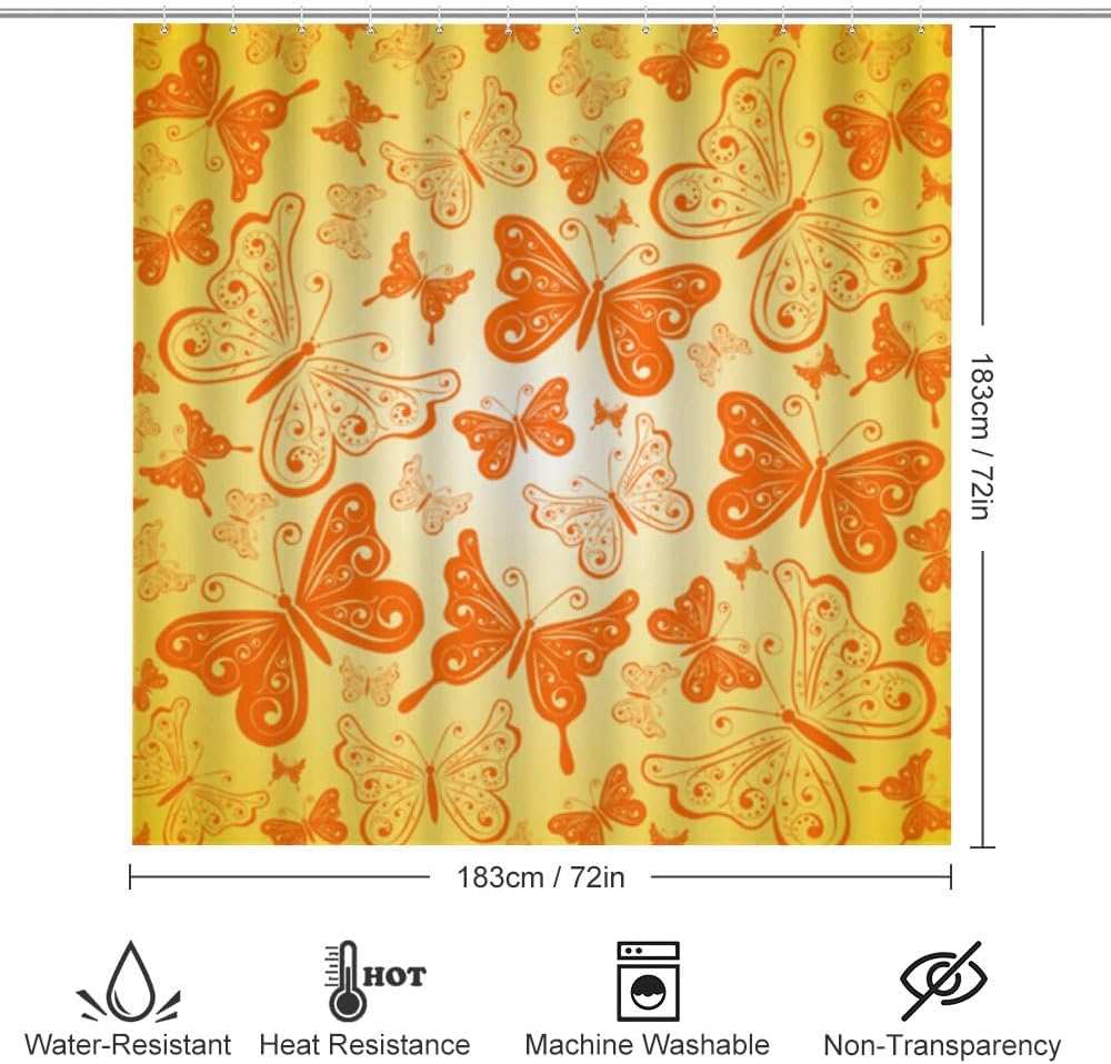 Kuizee 4 Piece Yellow Butterfly Shower Curtain Set with Non-Slip Rugs