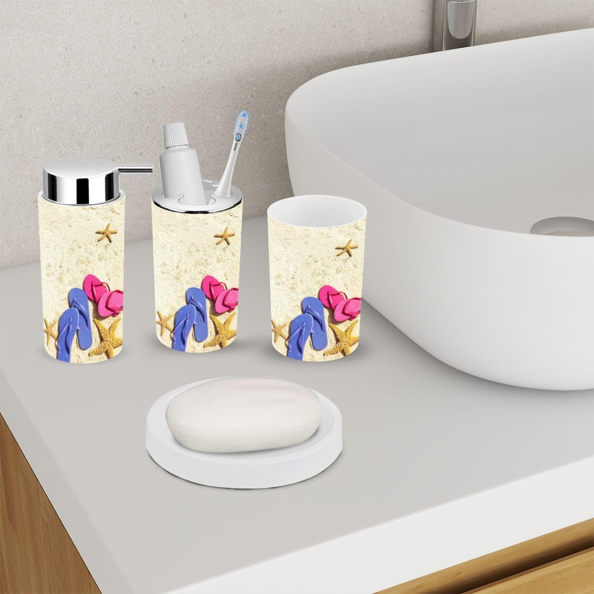 6 Piece Bathroom Accessory Set with Beach Flip Flops and Starfish Design