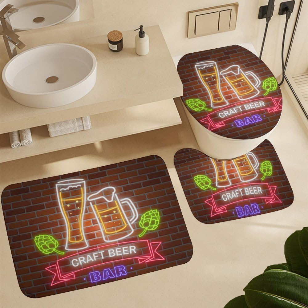 Kuizee Retro Neon Shower Curtain Set with 4 Piece Rugs