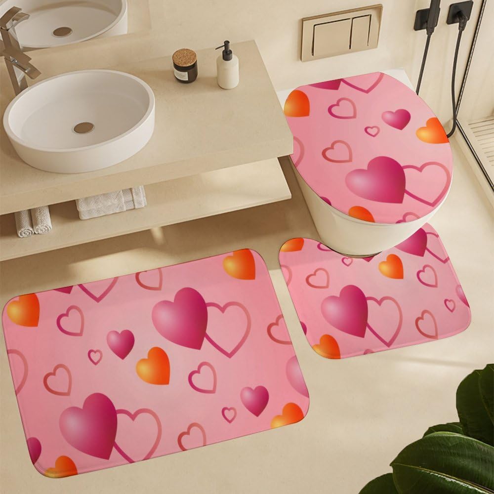 Kuizee Heart Pattern Shower Curtain Set with 4 Pieces Non-Slip Rugs