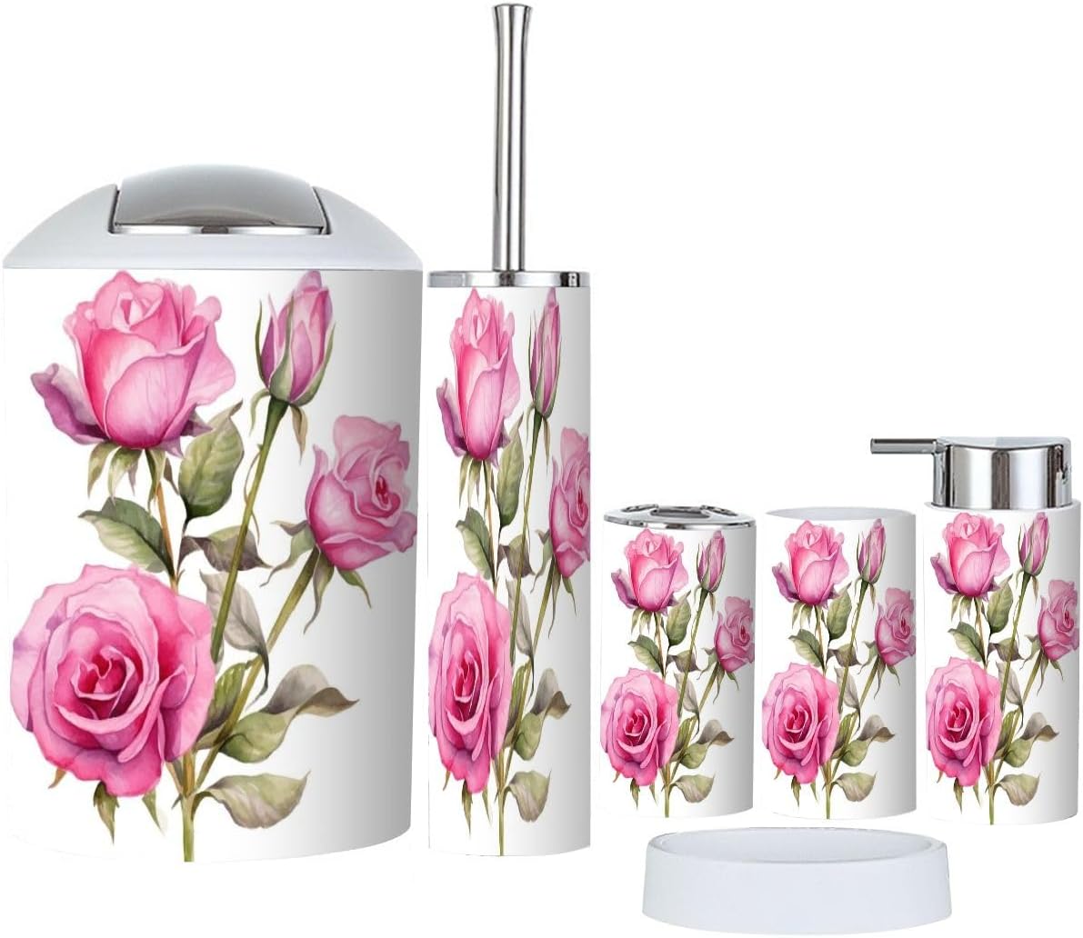 Bathroom Accessory Set 6 Piece Pink Rose Flower Design