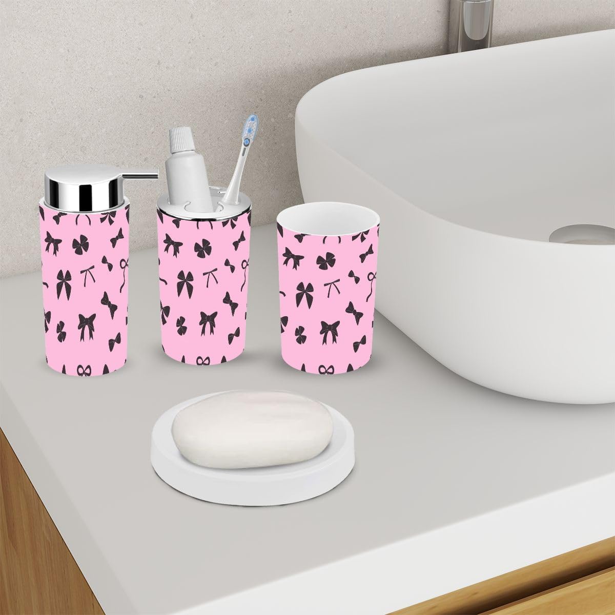 6 Piece Bathroom Accessory Set with Black and Pink Design