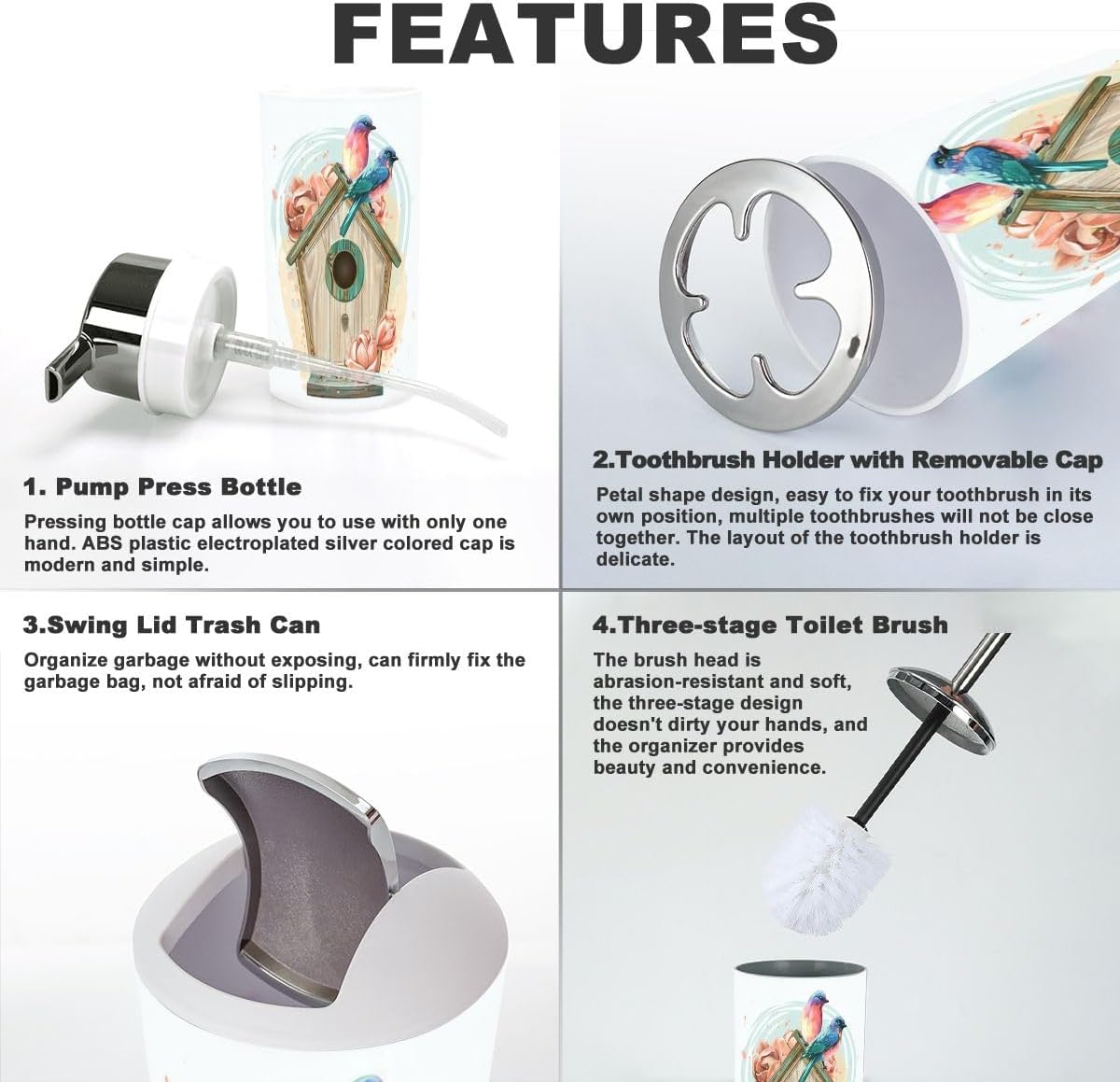 6 Piece Bathroom Accessory Set with Birdhouse Flowers Design
