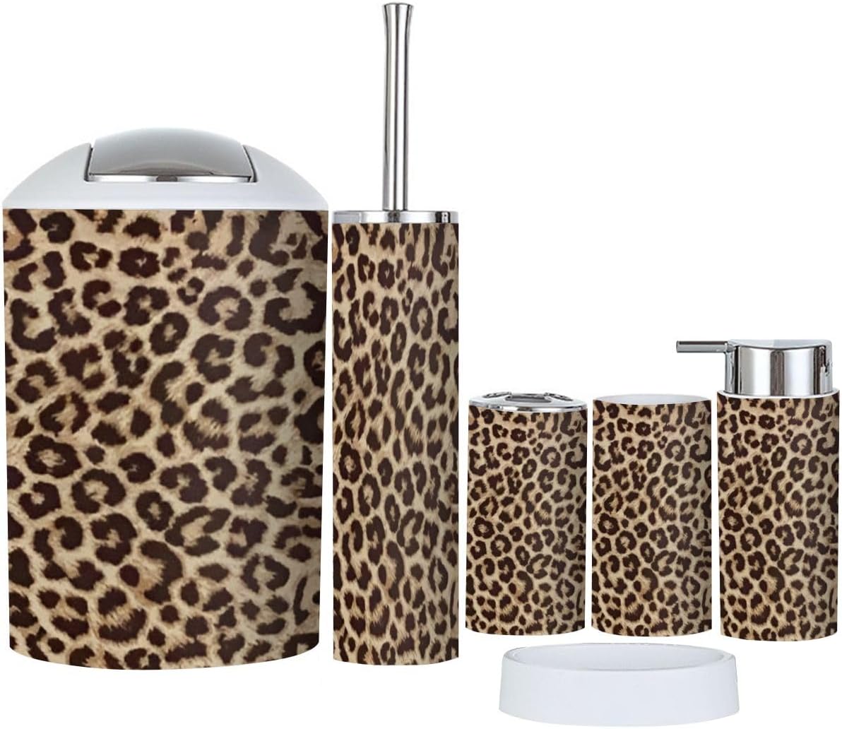 Bathroom Accessory Set 6 Piece Leopard Skin Pattern