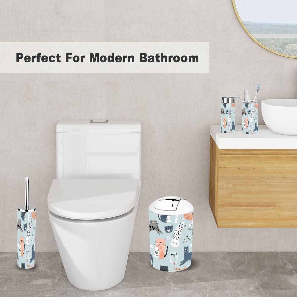 6 Piece Bathroom Accessory Set with Funny Cat Design