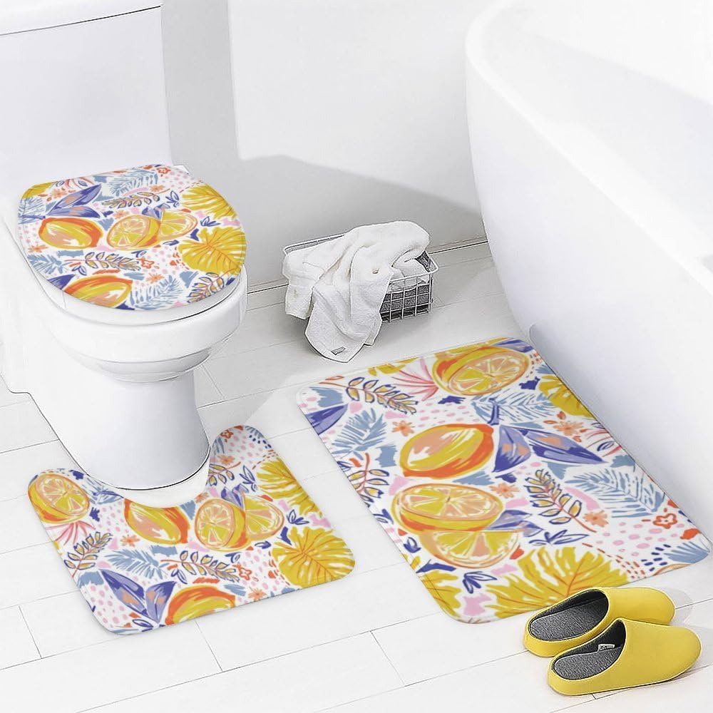 Kuizee 4-Piece Shower Curtain Set with Rugs - Summer Fruits Lemon Pattern