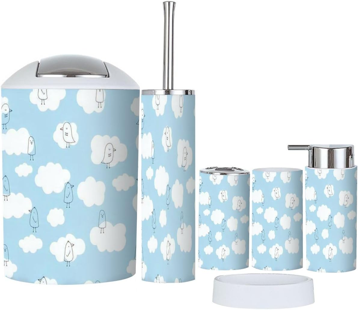 6 Piece Bathroom Accessory Set with Clouds Birds Design