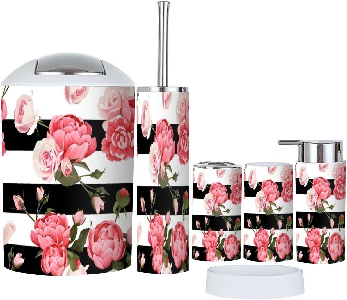 6 Piece Bathroom Accessory Set with Peony and Roses Design