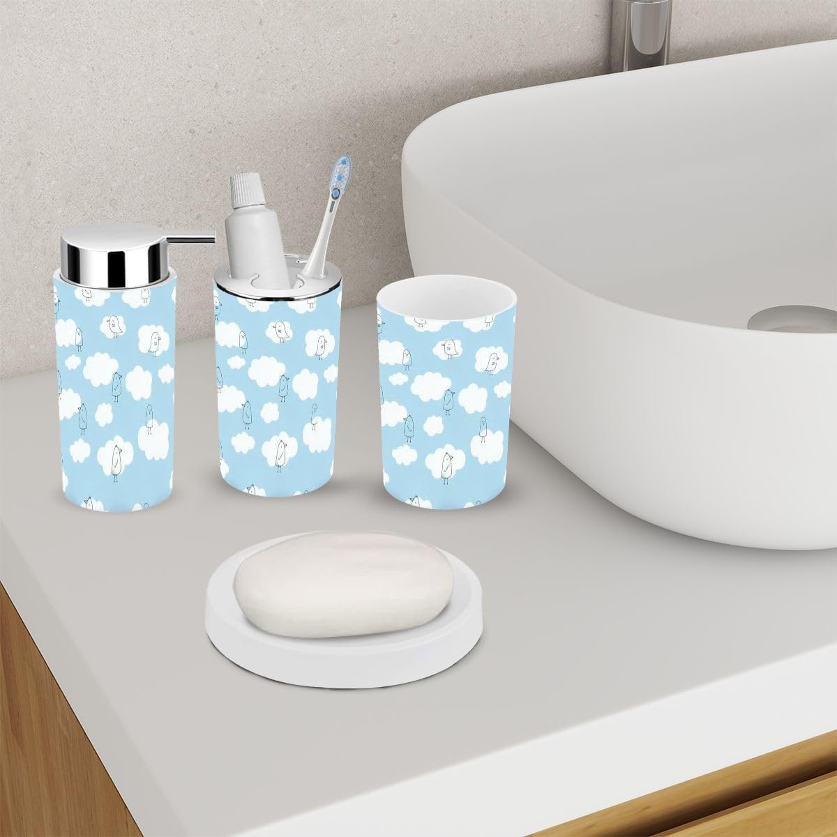 6 Piece Bathroom Accessory Set with Clouds Birds Design