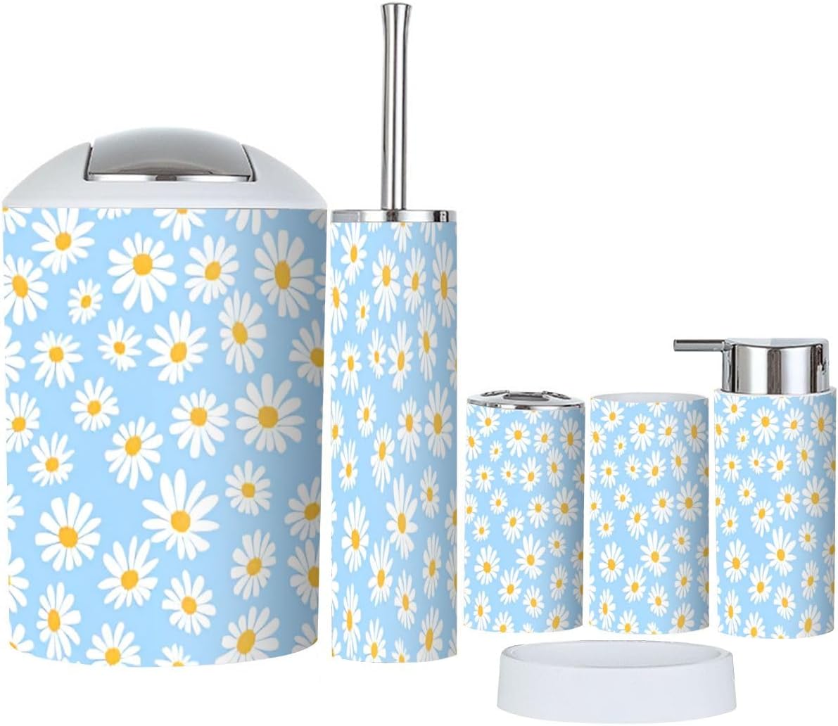 Daisy Flower Blue Bathroom Accessories 6 Piece Set