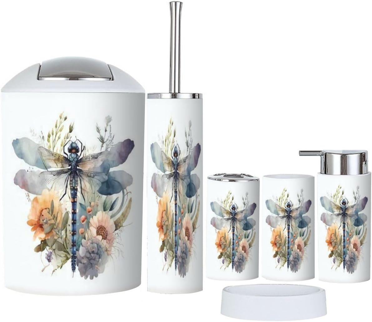 6 Piece Watercolor Dragonfly Bathroom Accessory Set